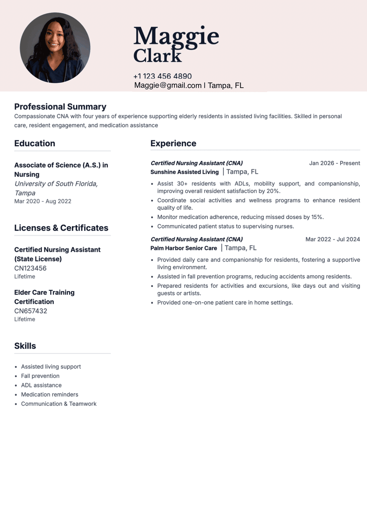 CNA resume example for nursing homes and home health aide roles