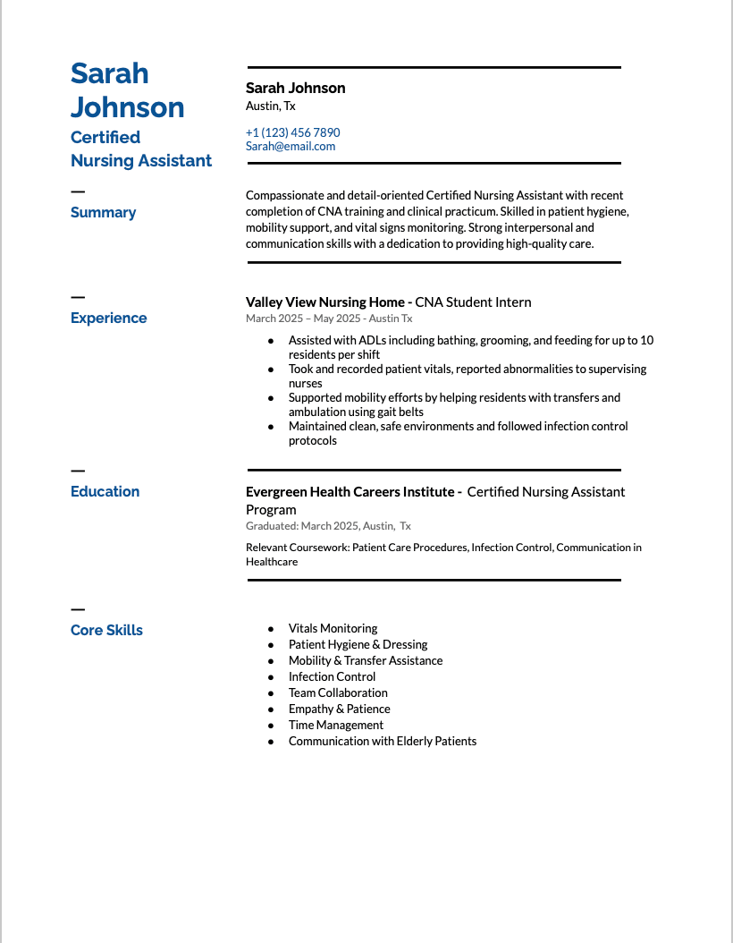 CNA resume example, certified nursing assistant resume template