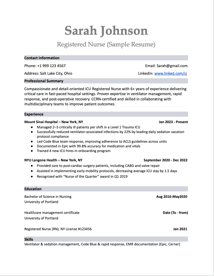 icu nurse resume example, cv icu nurse template