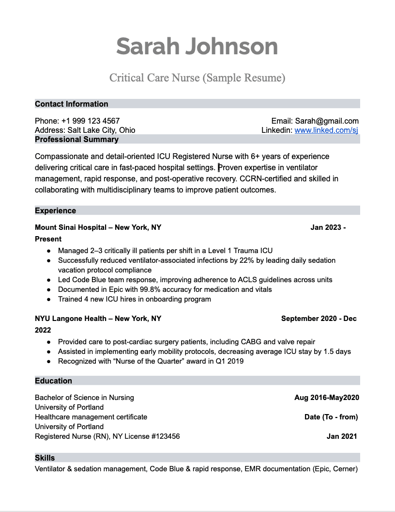 icu nurse resume example, cv icu nurse template